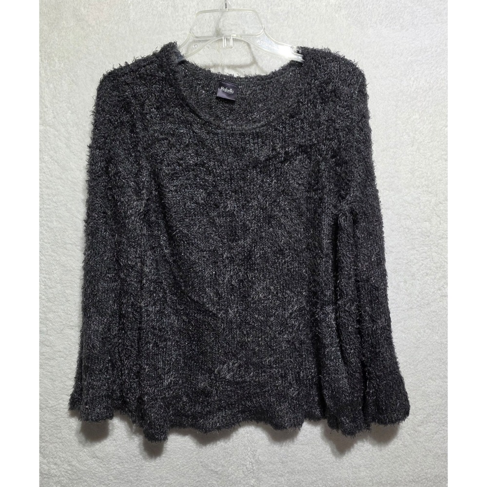 Rafaella Fuzzy Knit Sweater Sparkle Accents Charcoal Gray Long Sleeve Top Size M